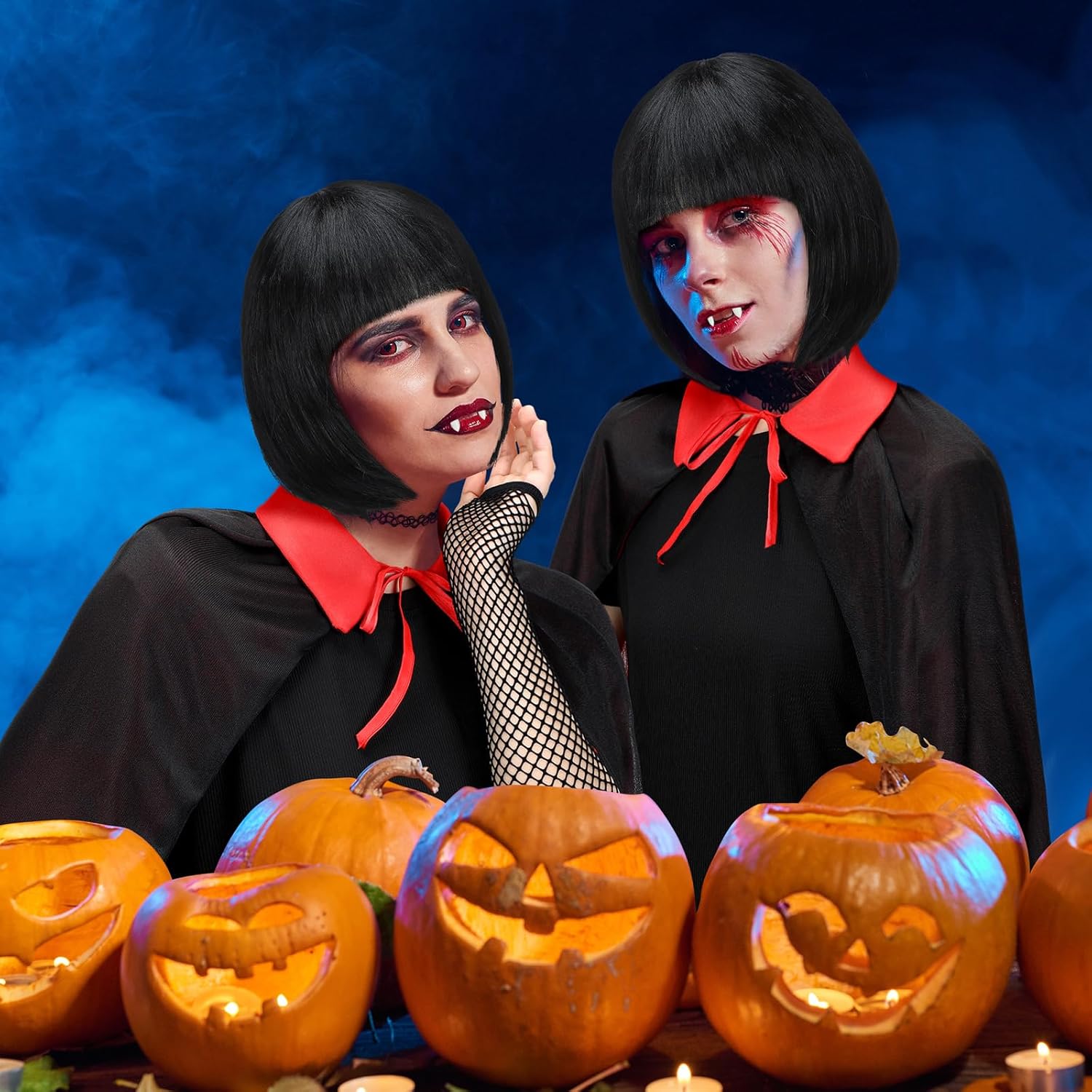 Jiuguva 6 Pcs Halloween Vampire Cosplay Costume for Women Black and Red Legging Black Dresses Vampire Fangs Gloves Wig Cape