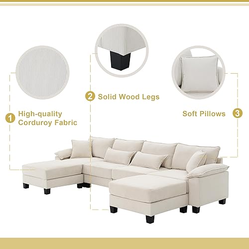 Miniatura 6 de ManyStars Sofá modular de pana de 133 x 65 pulgadas, sofá en forma de U con bolsas para reposabrazos, sofá cama de 6 asientos libremente combinable,