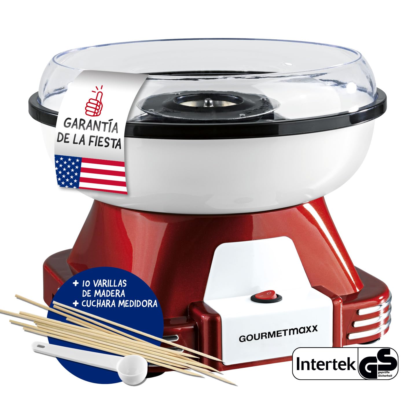 GOURMETmaxx Máquina de Algodón de Azúcar para el hogar | El Original Rojo con 10 palitos y Cuchara medidora en nostálgico diseño Retro | Mejor algodón de azúcar