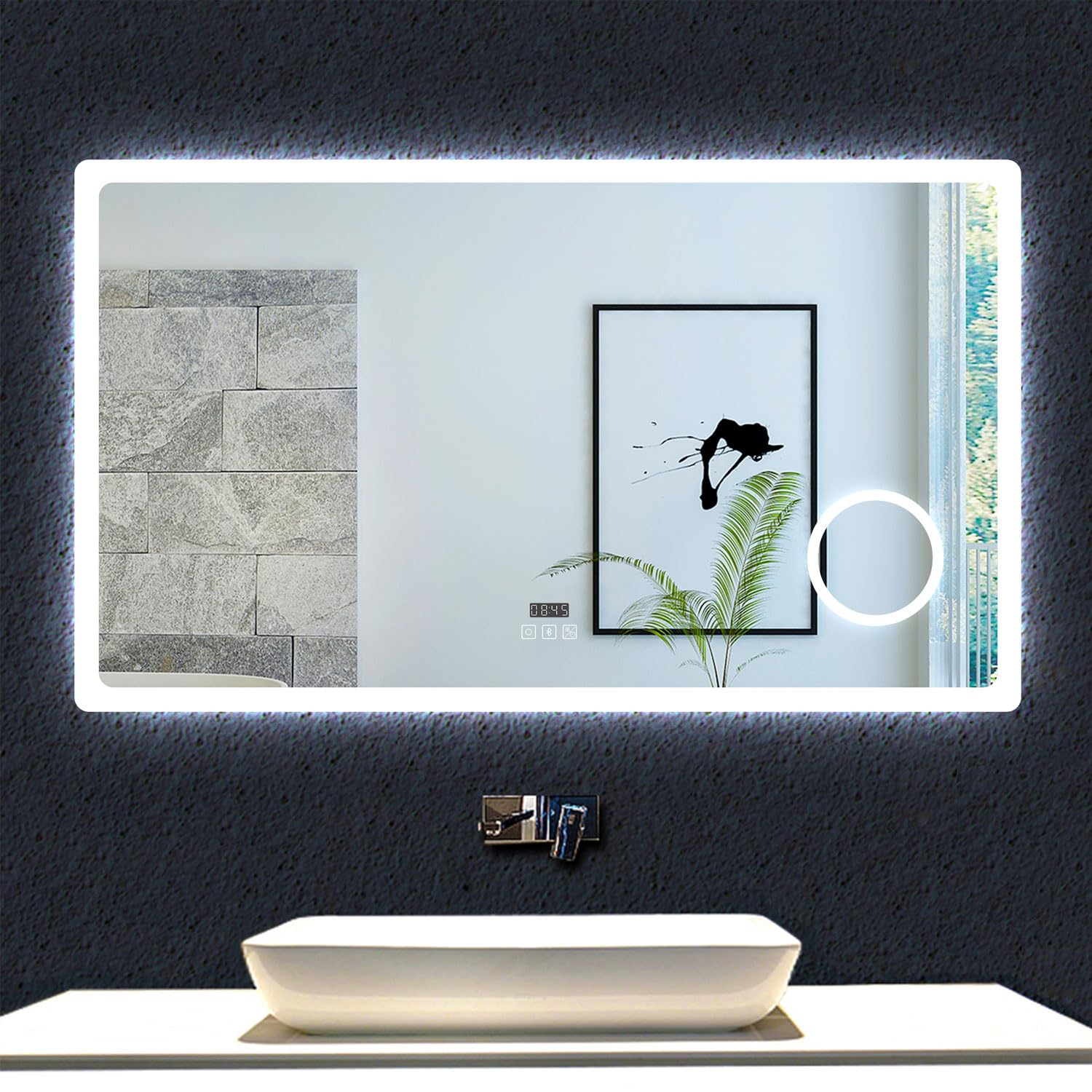 Espejo de baño con luz LED,120 x 70 cm, AICA Espejo, con luz led 3 Colores, función antinieble, Memoria agapada, Brillo Ajustable Bluetooth, Lupa con Aumento de 3X y Reloj Digital. Diseño Moderno.