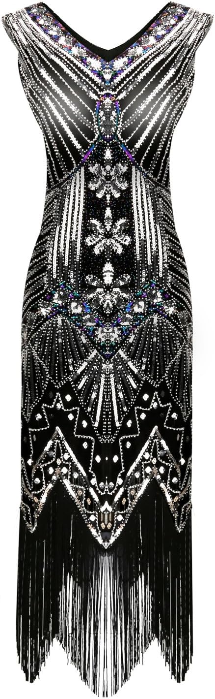 Women 1920s Retro Sequin Art Nouveau Embellished Fringed Flapper Dress 001(Medium, Black)