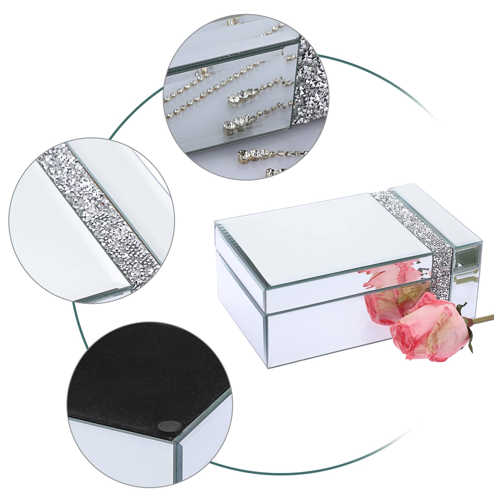 Verspiegelte Schmuckschatulle mit silbernen zerkleinerten Diamanten, Glas-Schmuckkästchen mit schwarzem Innensamt, für Halsketten, Ohrringe, Ringe, Aufbewahrungsbox für Kommode, Desktop-Party,