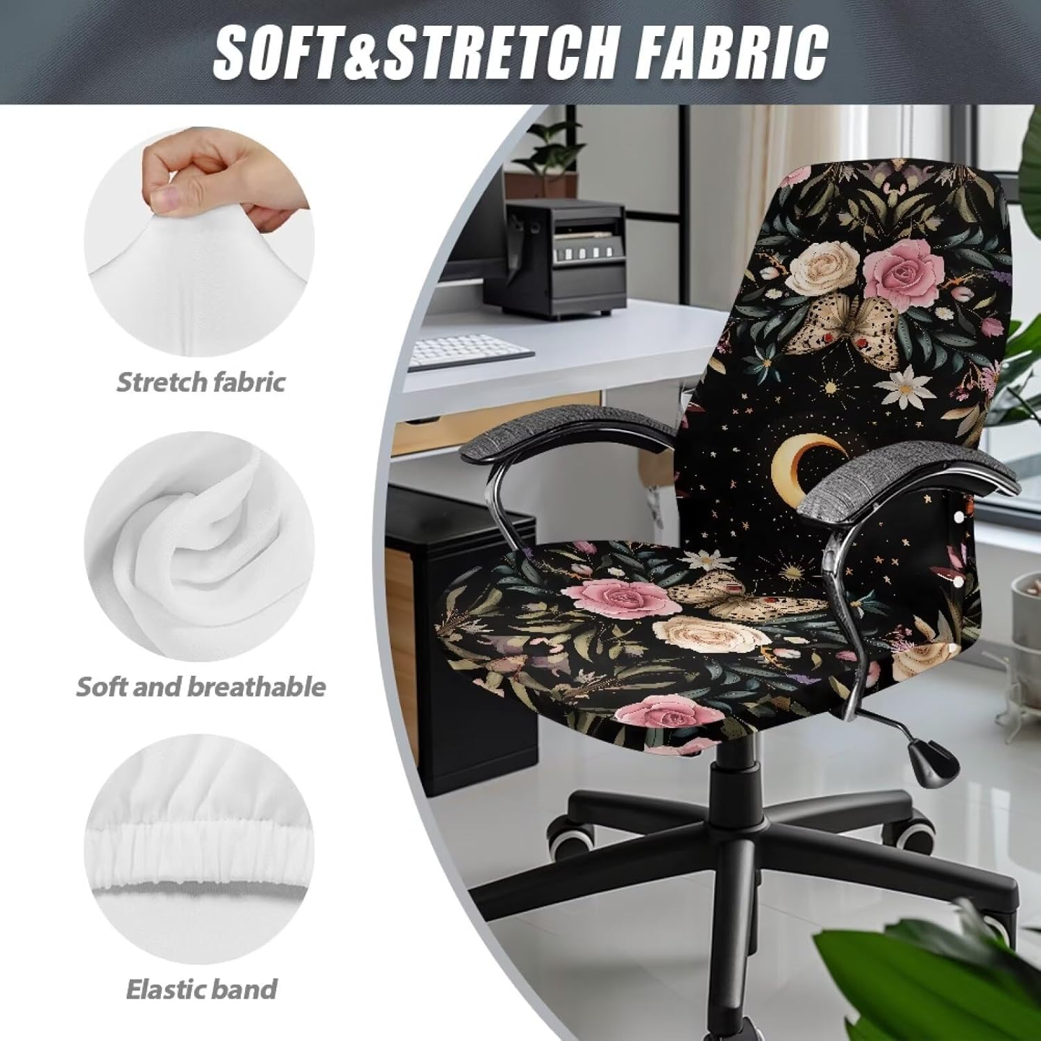 Talayituse Butterfly Moon Rose Flower Print Office Chair Covers, Stretch Computer Chair Cover, Universal Boss Chair Covers Modern Simplism Style High Back Chair Slipcover, Large