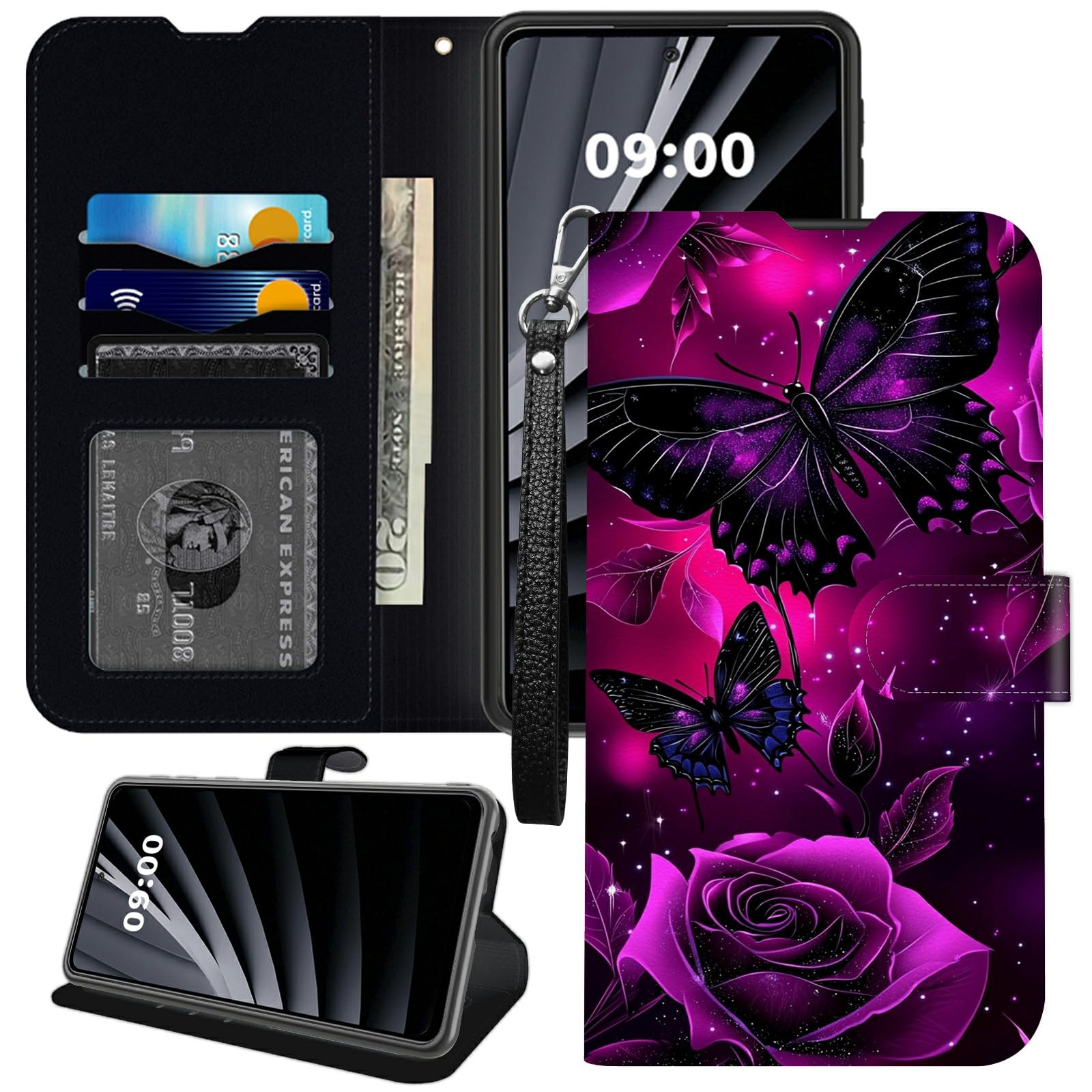 BWEGRHE Rose Dark Butterfly Phone Case for AT&T Verge（SL219A, for AT&T Verge Wallet Case, PU Leather TPU Cover Flip Magnetic Buckle Kickstand Cover