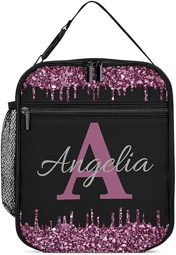 Miniatura 25 de Bolsa de almuerzo con nombre personalizado para hombres y mujeres, con monograma de purpurina azul, hielera, portátil, con nombre, para niñas, azul