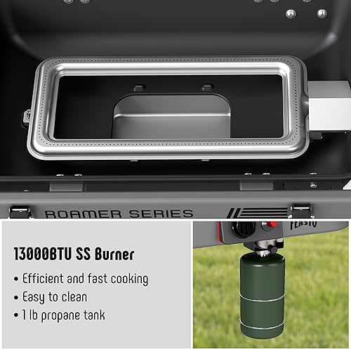 Miniatura 6 de Parrilla portátil de gas propano con carrito plegable y quemador de 13000 BTU, 360 pies cuadrados, mesa auxiliar, ruedas de 8 pulgadas, bandeja de