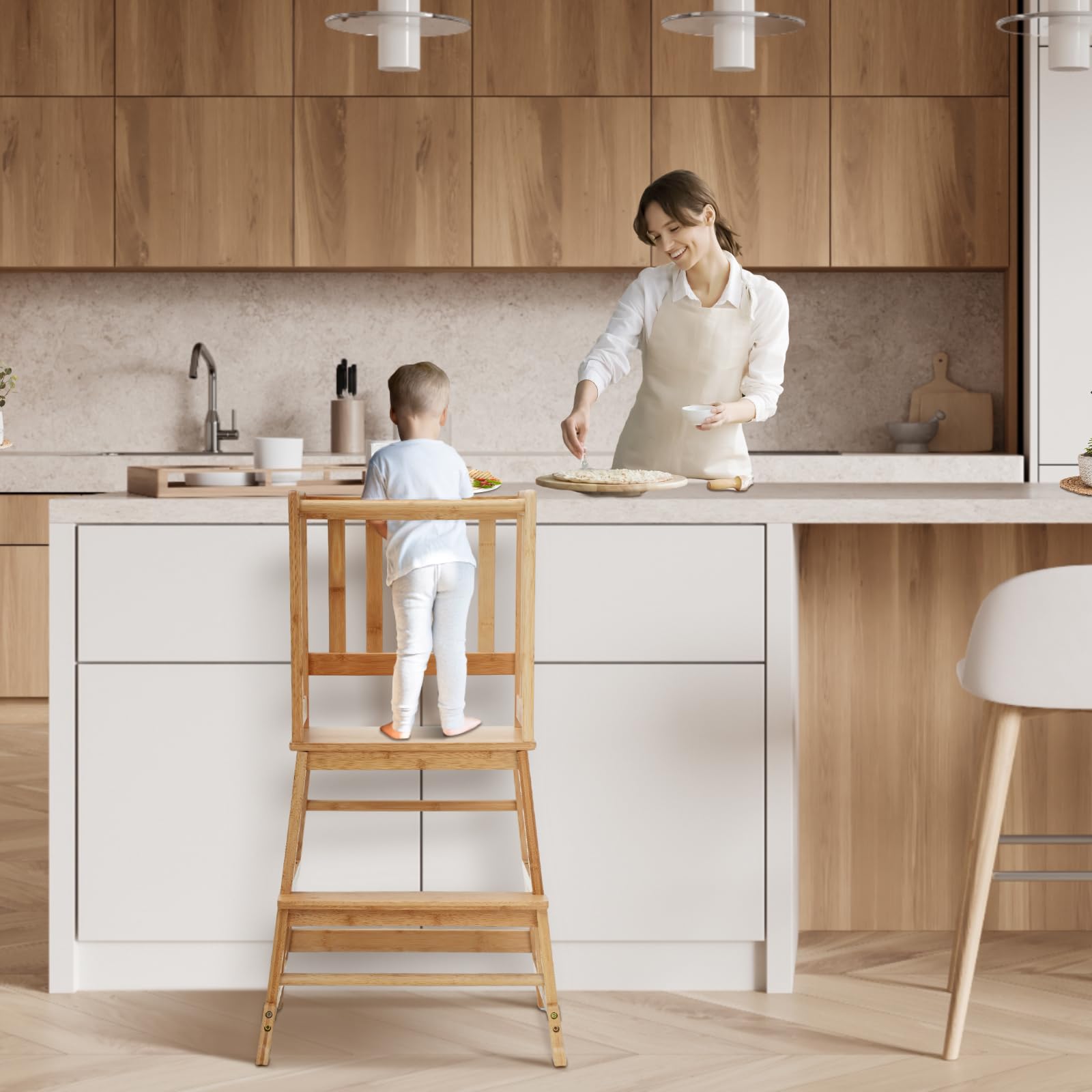 COSYLAND Torre de Aprendizaje Desde 18 Meses - Torre Aprendizaje para Niños - Protección Antivuelco y Barra de Seguridad - para Baño, Habitación Infantil y Cocina - Color Bambú