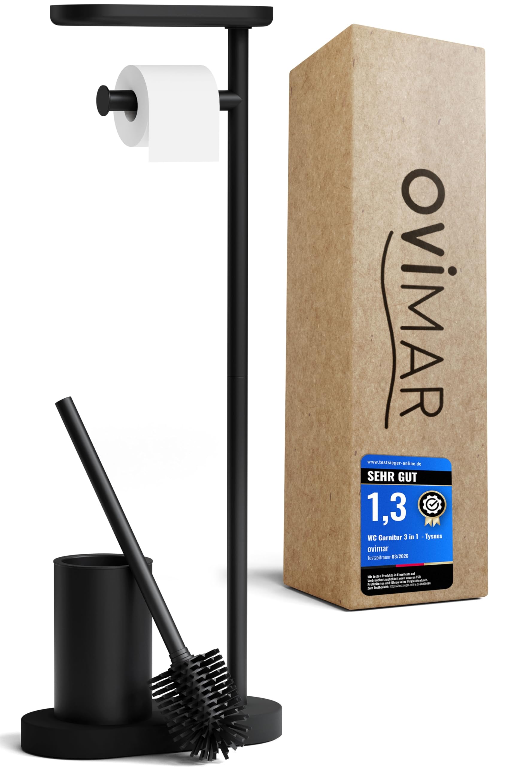 ovimar Juego de Inodoro de pie 3 en 1 Tysnes en Negro | Juego de escobilla de Inodoro con Cabezal de Silicona, portarrollos de Papel higiénico y Soporte para Smartphone | de Acero Inoxidable