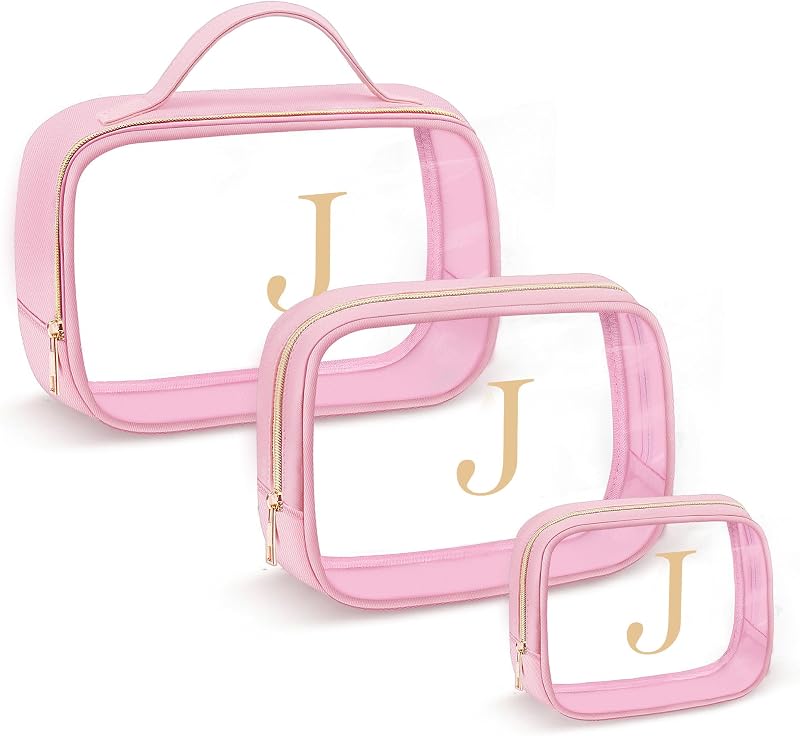 YOOLIFE Kit com 3 necessaires de viagem transparentes com inicial, rosa J