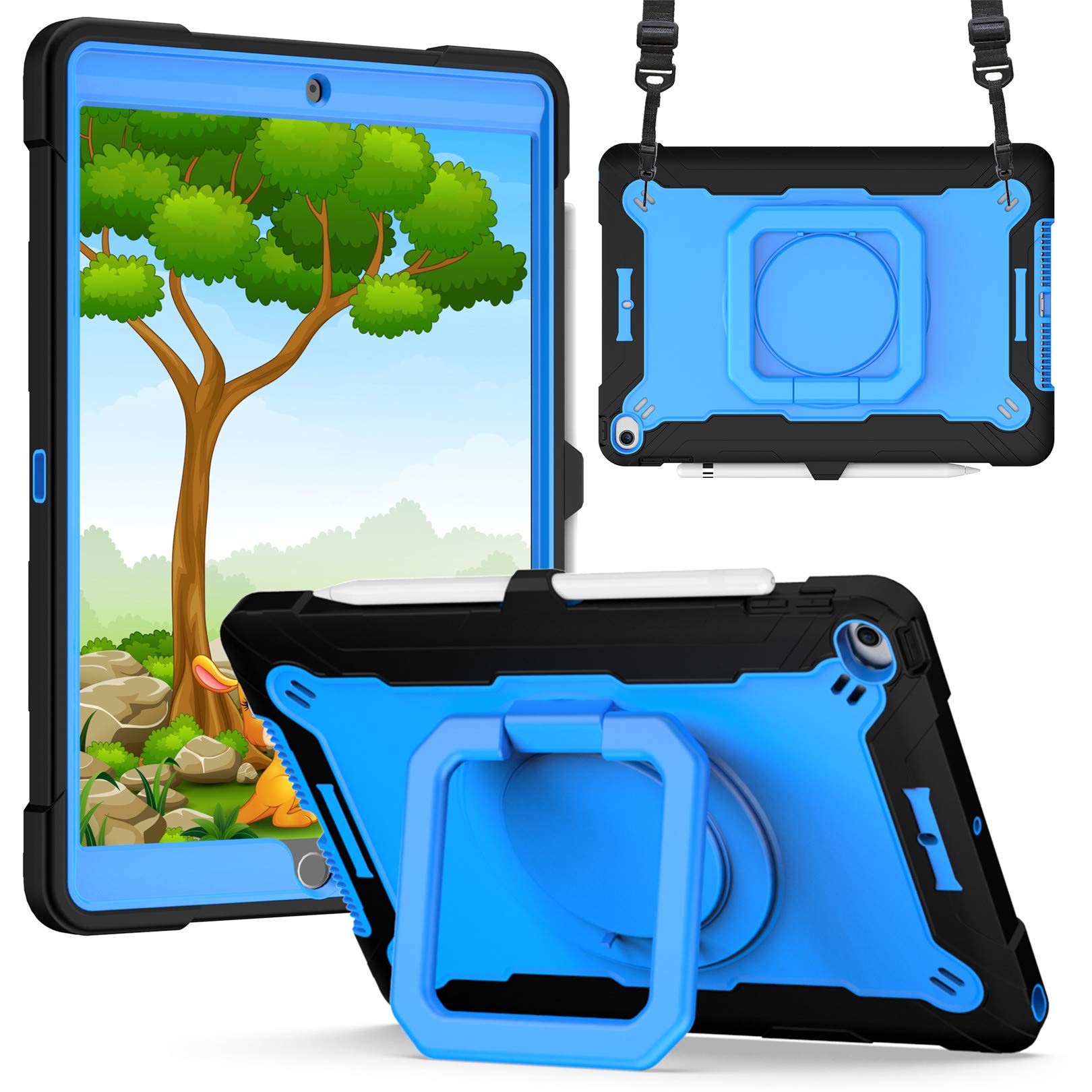 ATOPLE iPad 10.2ケース iPad 8世代 2020/iPad 7世代 2019ショルダー ストラップ シリコン カバー 子供 キッズ 仕事用ケース Touch ID対応 耐衝撃 ハンドル 360度回転スタンド 手持ちの便利さ ペンシル収納 多機能 iPad 頑丈な傷つけ防止 防塵 全面保護型 (モデル番号 A2068、A2197、A2198、A2228、A2230、A2428、A2429 ）