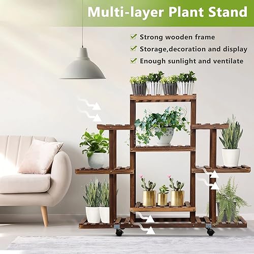 Miniatura 2 de Elevens Soporte de madera para plantas para interiores y exteriores, estante de 9 niveles para múltiples plantas carbonizadas, soporte para 12