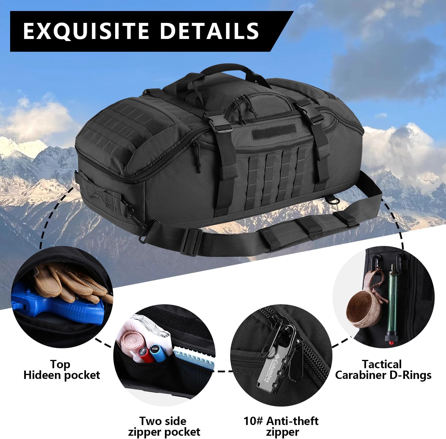 Tactical Duffle Bag for Travel, 65L Water-Resistant 3-in-1 Tactical Backpack, Large Military-Style Gym Bag for Sports, Hiking & Camping (Black, 65L)