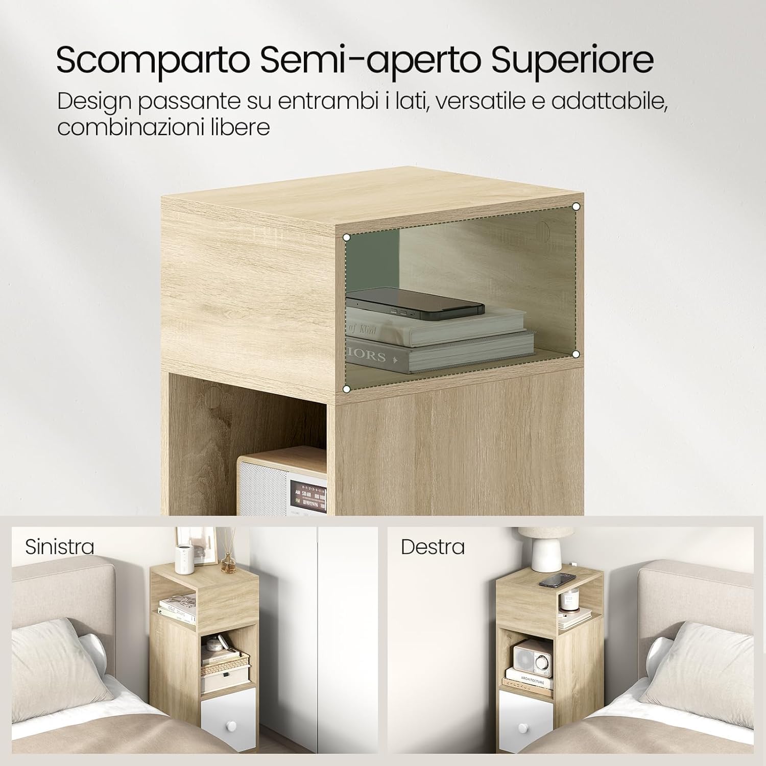 EUGAD Set di 2 Comodino Stretto, Comodino con 2 Scomparti a Giorno e Cassetto, Tavolino da Notte 25x30x66cm, Mobile Salvaspazio per Camera da Letto, Soggiorno, in Truciolato, Rovere, 0192ZZ-2