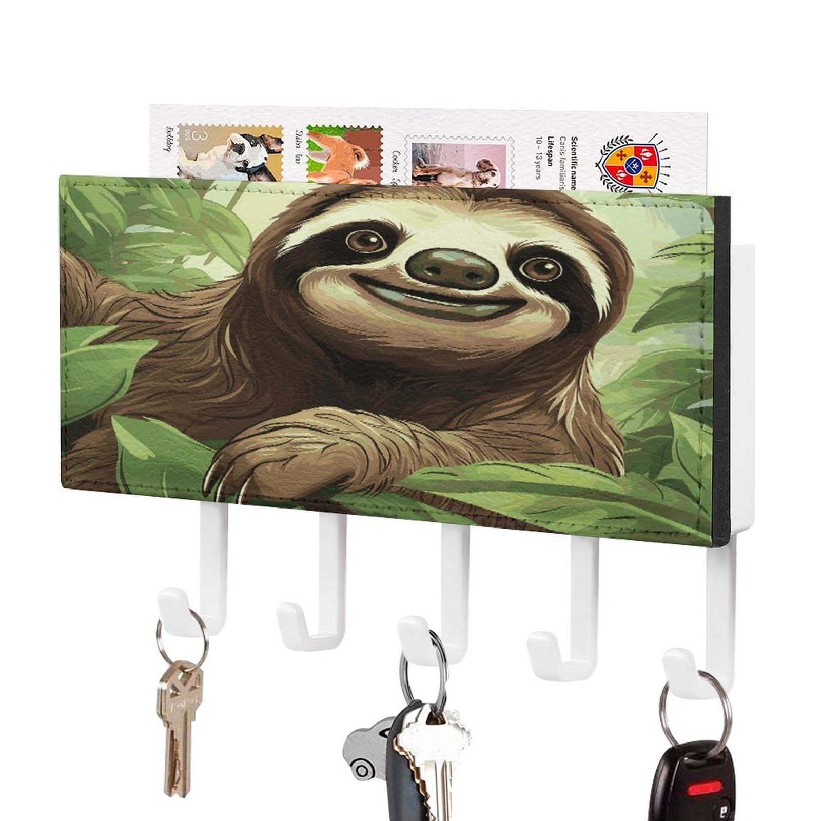 JTREHY Sloths Background Key Holder Wall Mount Decorative Key and Mail Holder PU Leather Adhesive Key Organizer Hanging Key Hooks Wall Shelf with 5 Hooks for Entryway Hallway Office