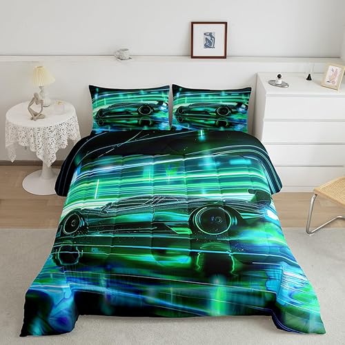 Miniatura 2 de Manfei Juego de edredón de coche deportivo, tamaño individual, juego de ropa de cama negro de carreras de 2 piezas para decoración de habitación de