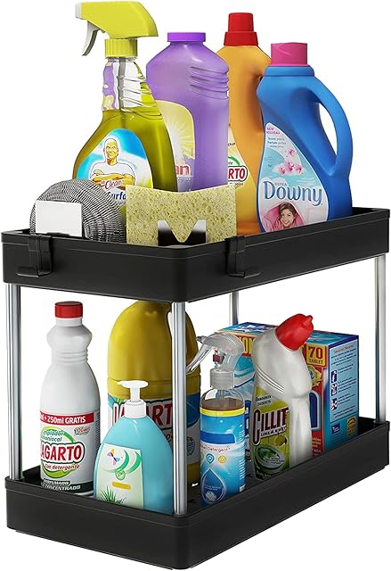 KOKSI 2-Tier Under Sink Organiser with 4 Hooks for Bathroom, Closet, Kitchen Storage, Black