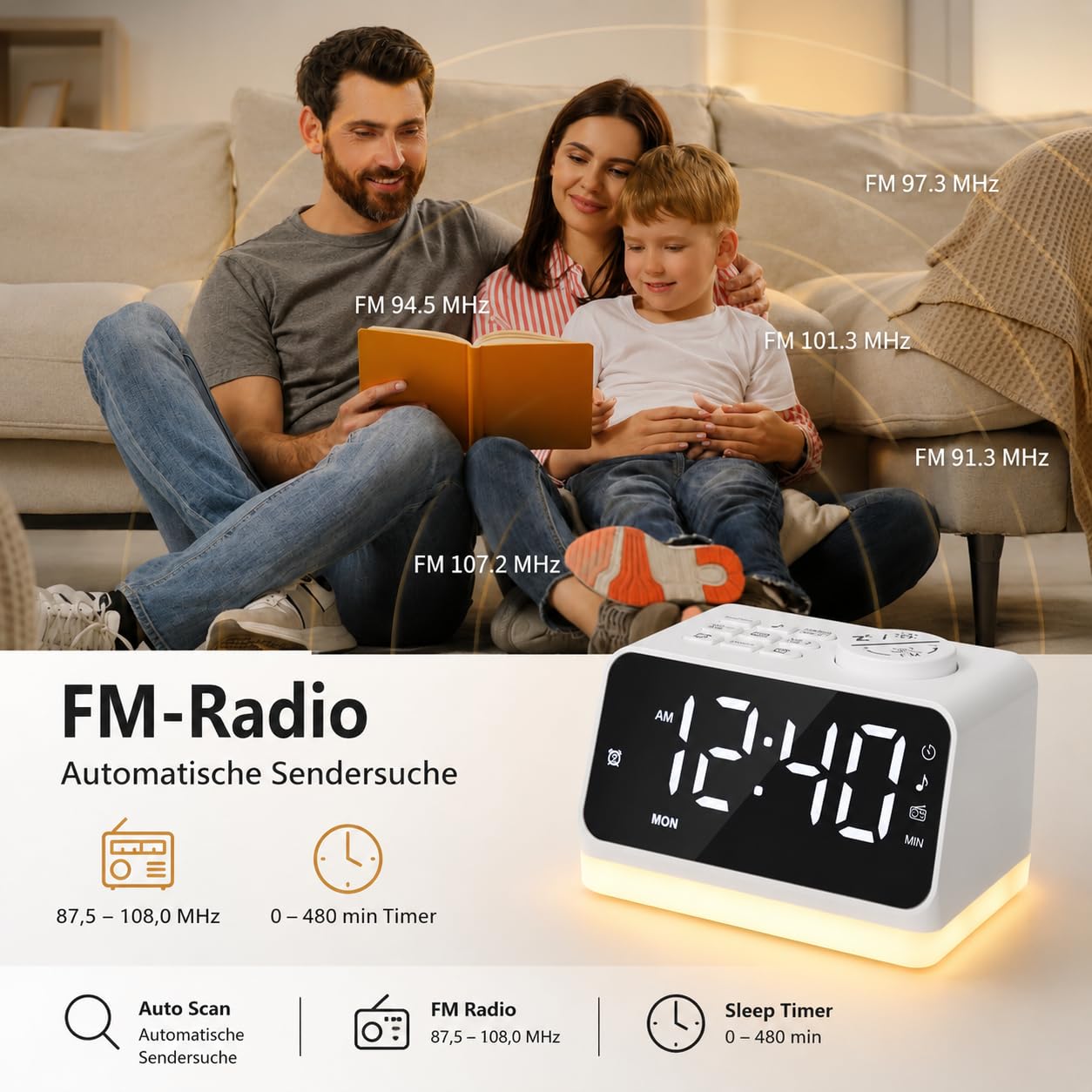 Radio-réveil numérique pour chambre à coucher - Veilleuse 8 couleurs (0 à 100 % à intensité variable), double alarme avec 7 sons d'alarme, minuterie de sommeil flexible (10 à 480 min), 2 ports de