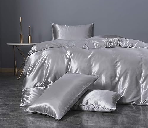 Miniatura 2 de BEDCOLOR Juego de funda de edredón suave de satén similar a la seda (plata, individual)