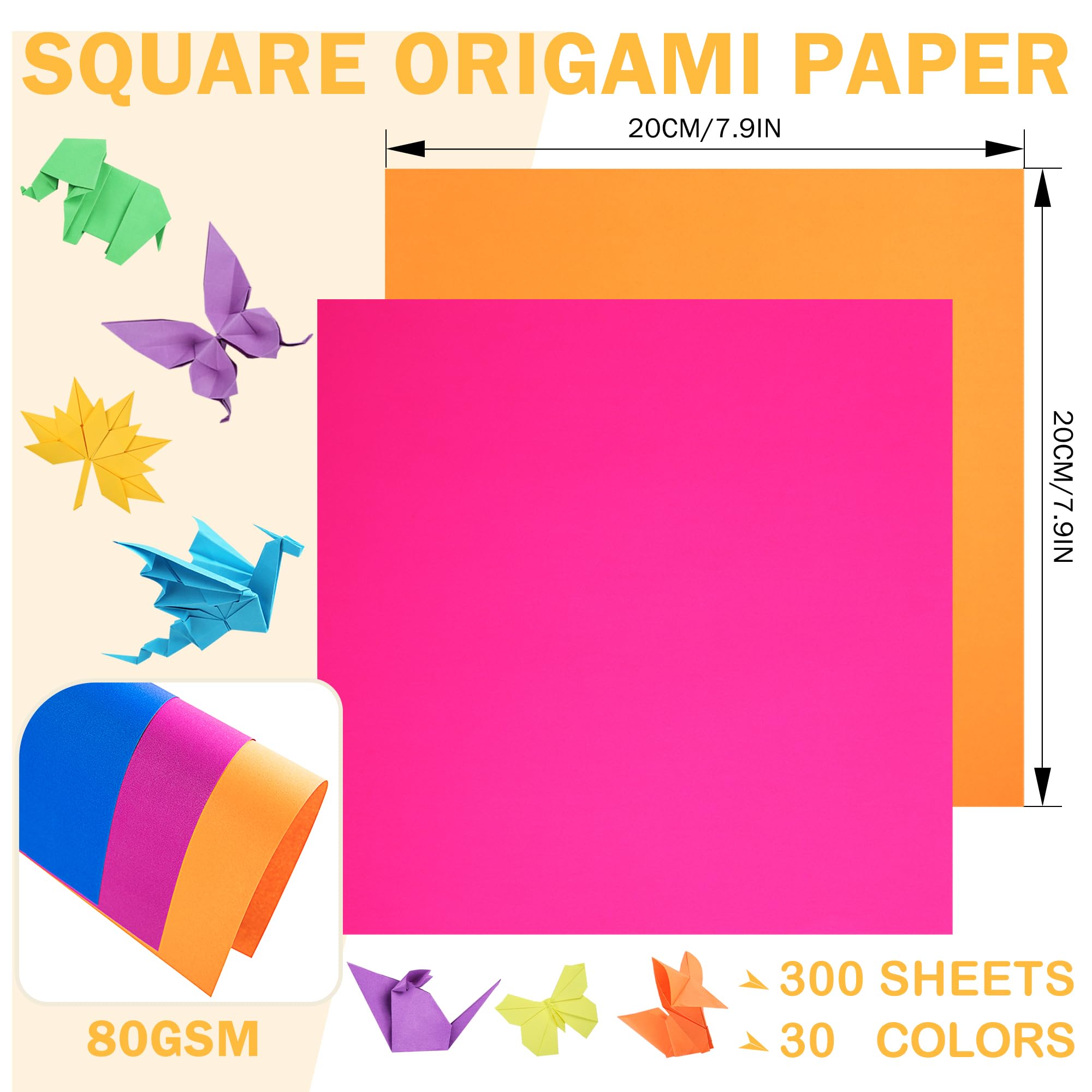 300 Sheets Origami Paper, 30 Bright Colors 20x20cm 80gsm Double-Sided Square Folding Paper for Arts Crafts & School Projects UAP060E - Image 2