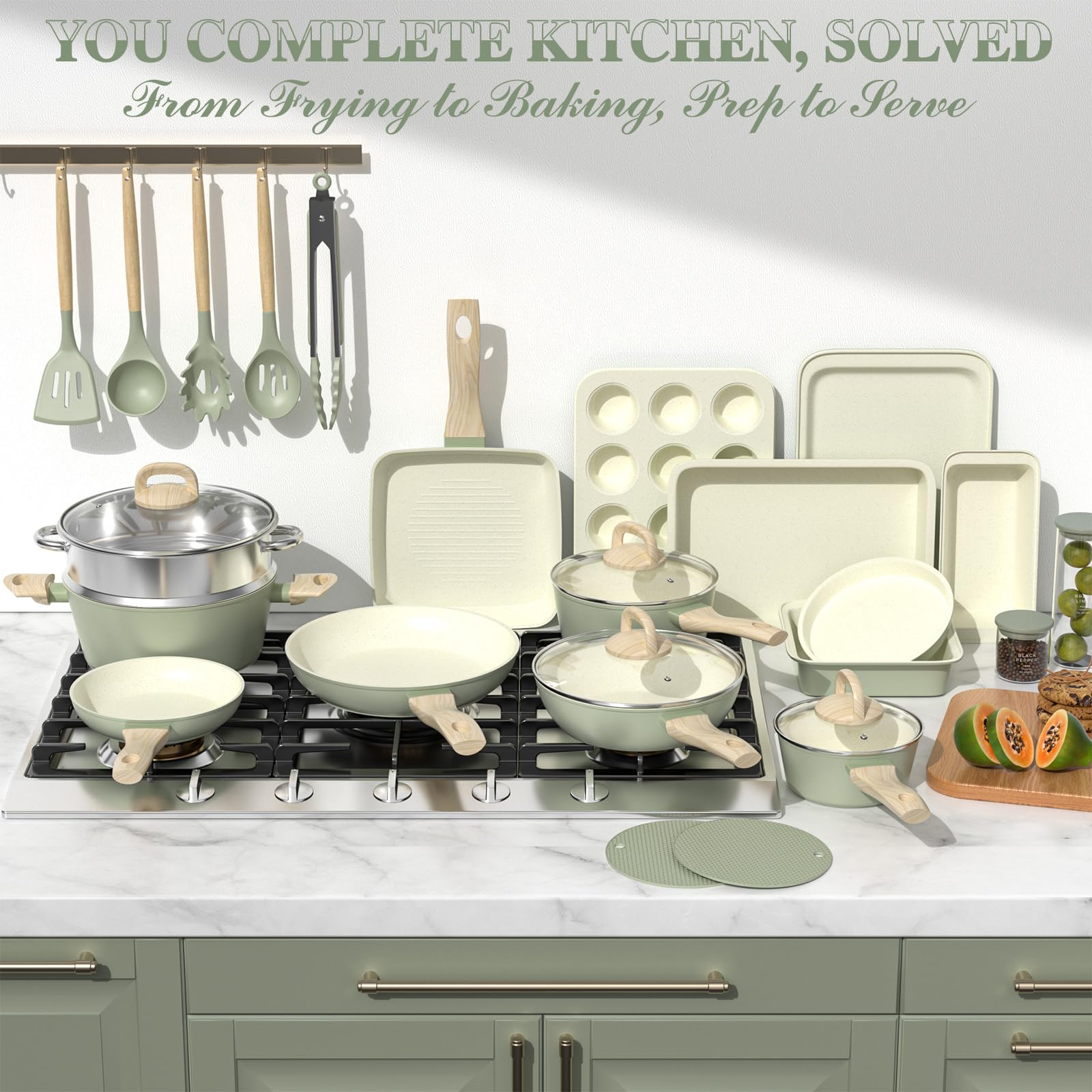 Pots and Pans Set Nonstick, Umite Chef 31-Piece Induction Cookware & Bakeware Set with Frying Pans, Saucepan, Grill Pan, Baking Sheet & Utensils, PFOA-Free Kitchen Starter Set (Sage Green) view 8