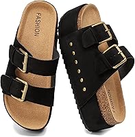 YorFotMae Women's Chunky Platform Sandals with Cork Footbed & Double Buckles - Wide Width Comfort Slides for Summer Beach