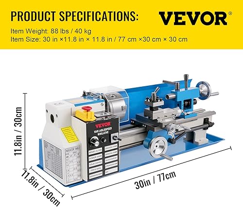 Miniatura 7 de VEVOR Mini torno de metal, 7 x 14 pulgadas, torno de metal de sobremesa, velocidad variable de 550 W, 2250 RPM, con mini torno de portabrocas de 3