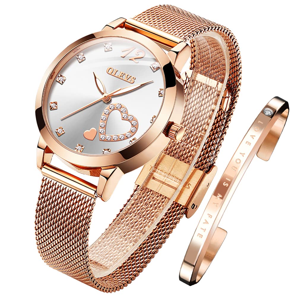 OLEVS Damenuhr Roségold mit Herz Diamant Quarz Armbanduhr Wasserdicht Gürtel Armreif Set