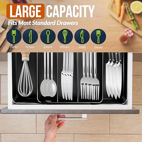 Miniatura 4 de Organizador de cubiertos, bandeja de utensilios ajustable y expandible para almacenamiento de cubiertos de cocina, cucharas, tenedores, cuchillos,