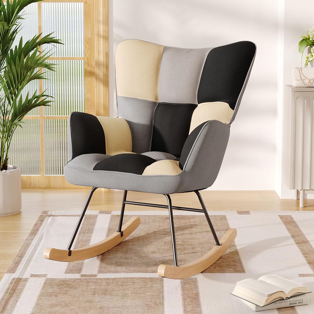 Warmiehomy Rocking Chair Comfy Nursing Relaxing Reading Chair for Living Room Bedroom Armchair Modern Linen Fabric Occasional Tub Chairs with High Back, Black & Grey & Beige