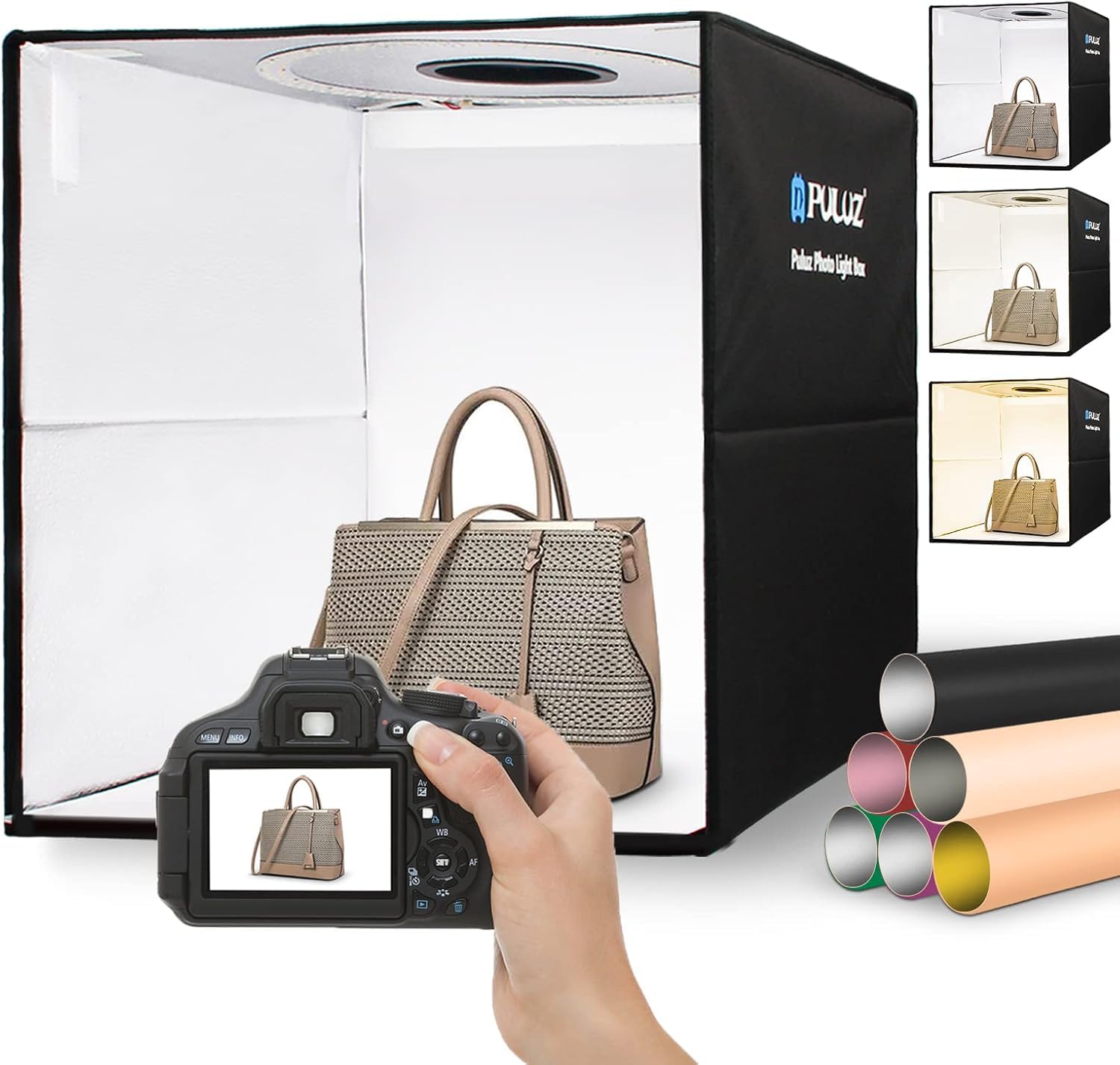 PULUZ Photo Studio Light Box 40cm, 16"x16" Studio Box, Dimmable Light Box Photography Kit with 3 Colors Temperatures 160 LEDs Lights 6500k & USB-C &12 Photo Backgrounds for Product Photography
