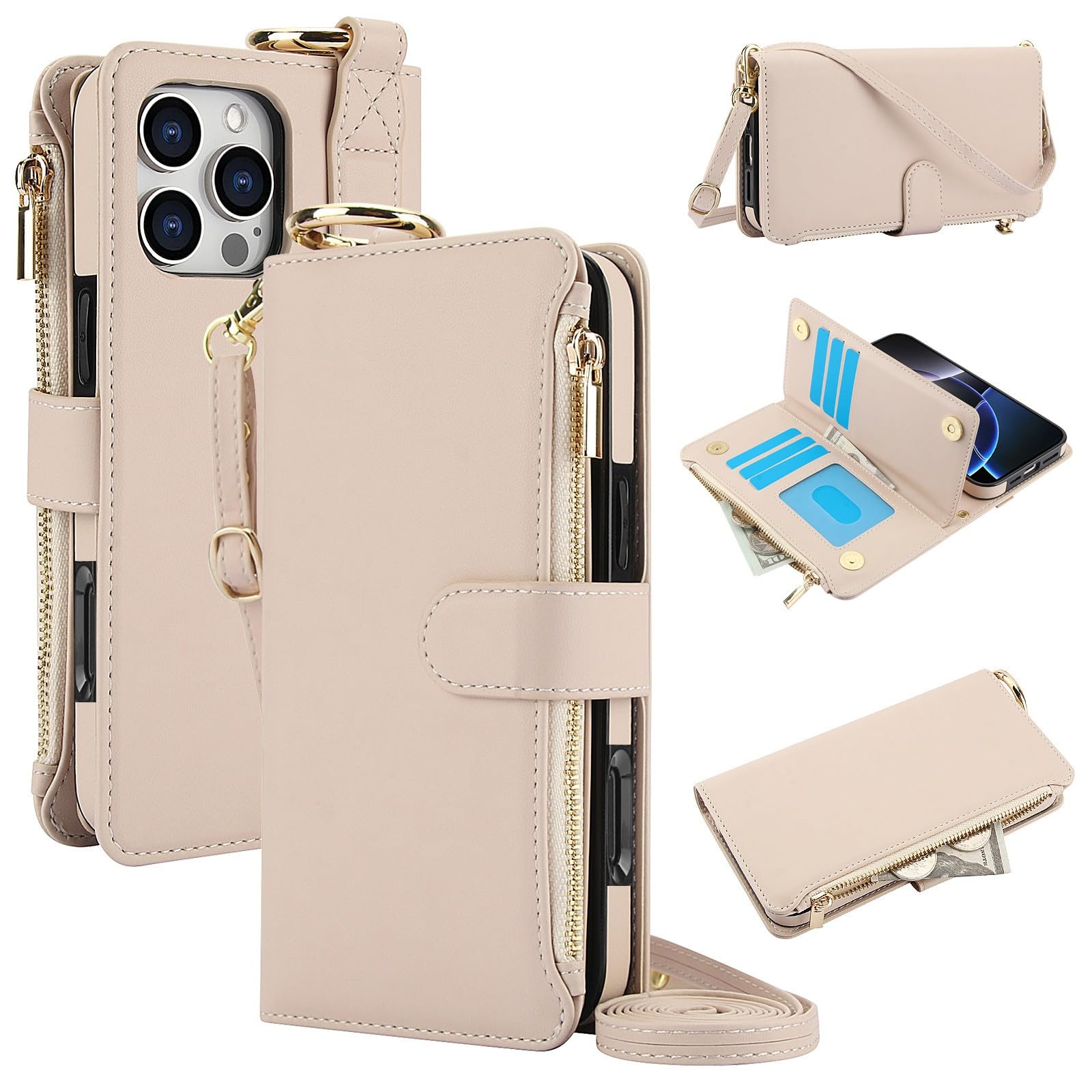 Étui portefeuille iPhone 13 Pro beige multi rangements cartes cuir - 6