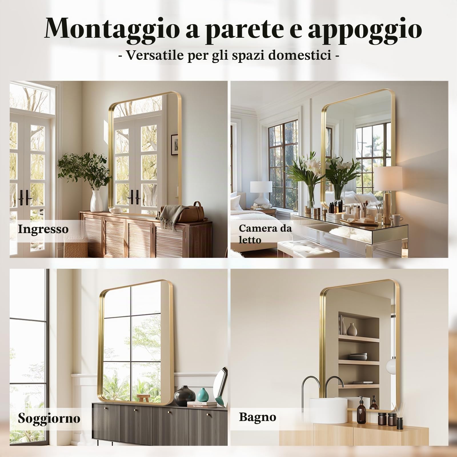 Specchio-Bagno 50x75 CM Oro Specchio da parete design moderno Profondità di 3.5 cm Specchio Bagno Orizzontale/Verticale decorazione da parete per camera da letto, ingresso, soggiorno, corridoio