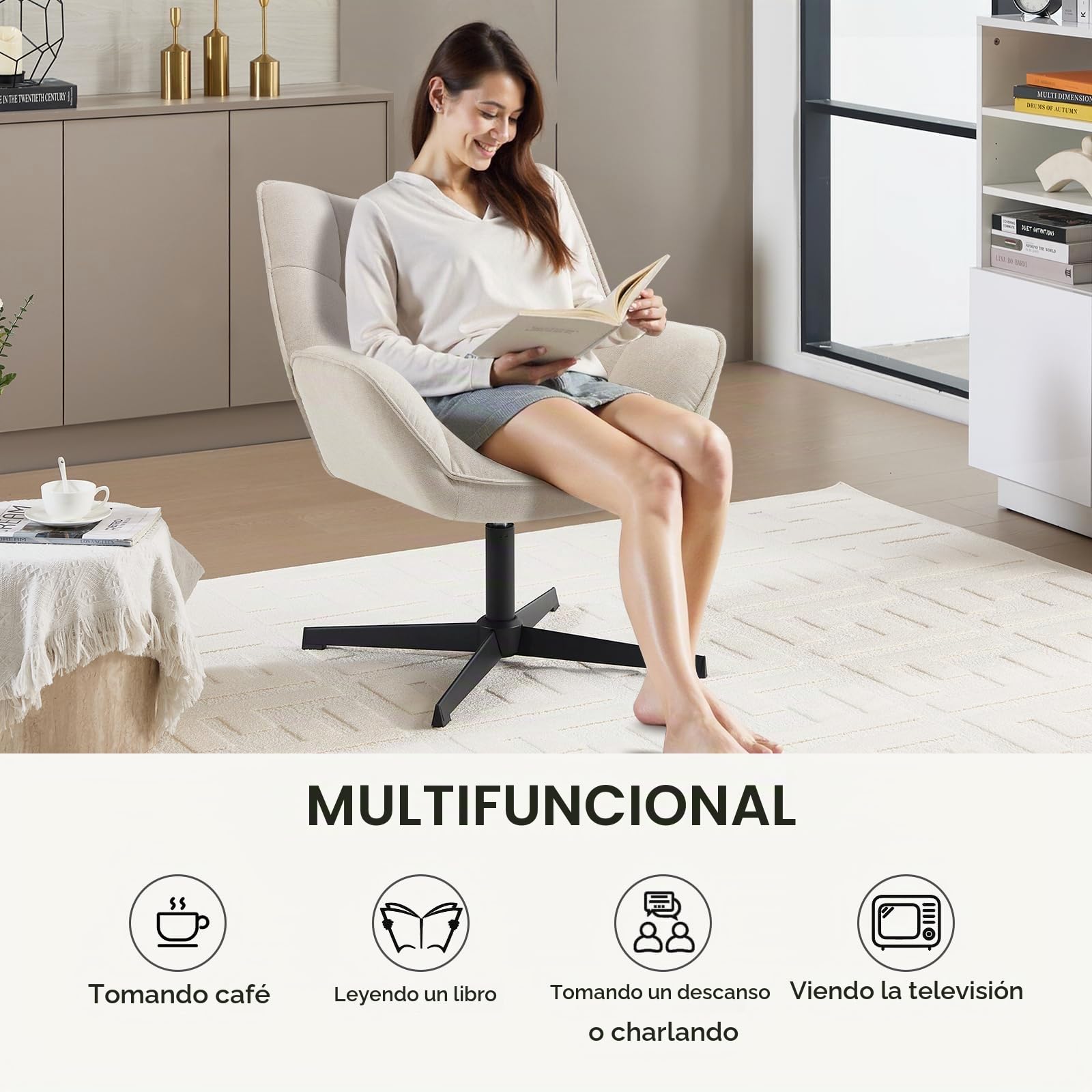 WOLTU Sillón Relax Giratoria, Silla Relax Ergonómica con Acolchado, Beige | Sillon Dormitorio Moderna con Respaldo y Asiento de Lino, Silla Lectura con base de metal en forma X, Estructura de Madera