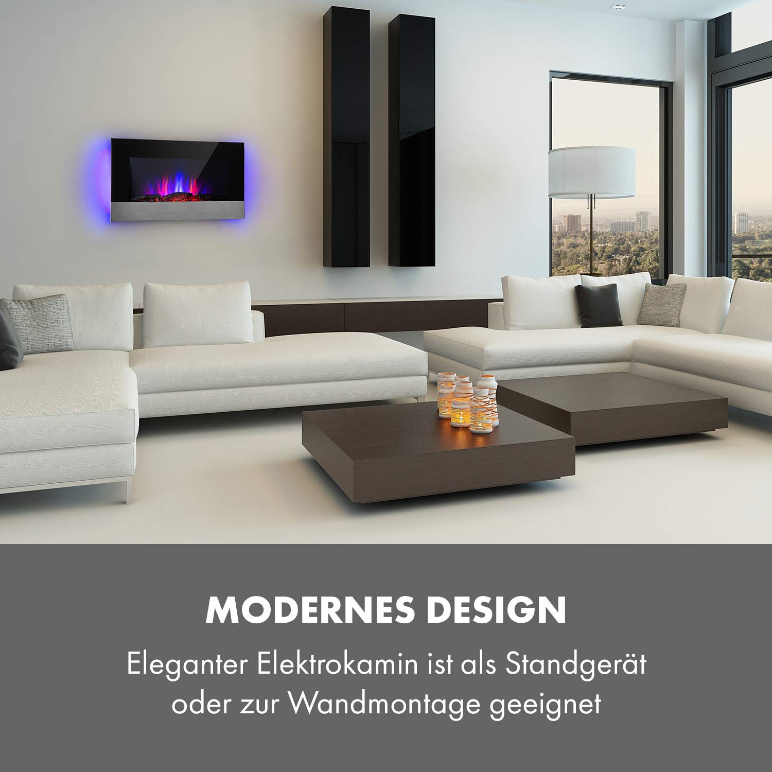Klarstein Basel Elektrokamin - Heizlüfter mit 1000 oder 2000 Watt Heizleistung, 2 Heizstufen, LED-Flammenillusion in 7 Farben, Thermostat, Stand- oder Wandmontage, Wochentimer, schwarz