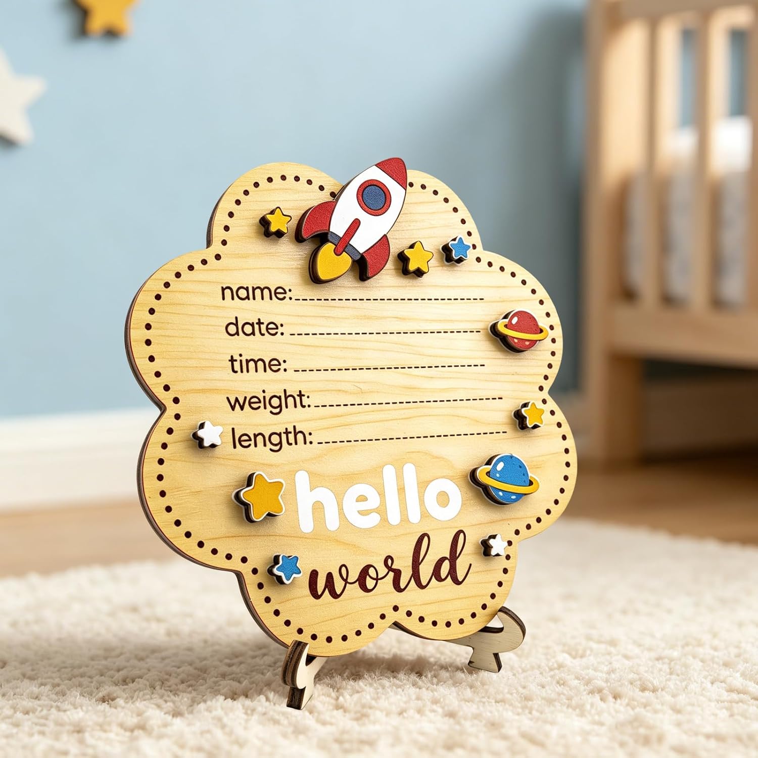Baby Announcement Sign Hello World Newborn Signs Wooden Birth Announcement Sign Welcome Name Keepsake Spaceship Stars Newborn Photo Prop for Hospital Nursery(Light Blue)