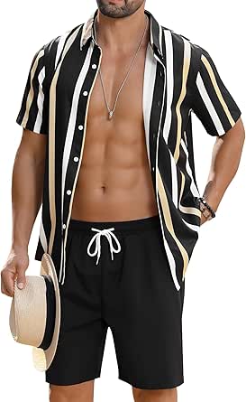 LecGee Men's Hawaiian Shirt & Shorts 2-Piece Set - Coconut Tree Print Button Down & Elastic Shorts