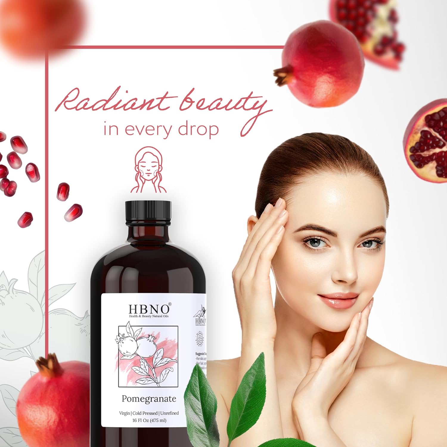 HBNO Pomegranate Oil - 16 oz (475ml) Value Size - Ideal for Shampoos, Conditioners, Lip balms, Face wash, Lotions, and Skin care products (Glass Bottle)