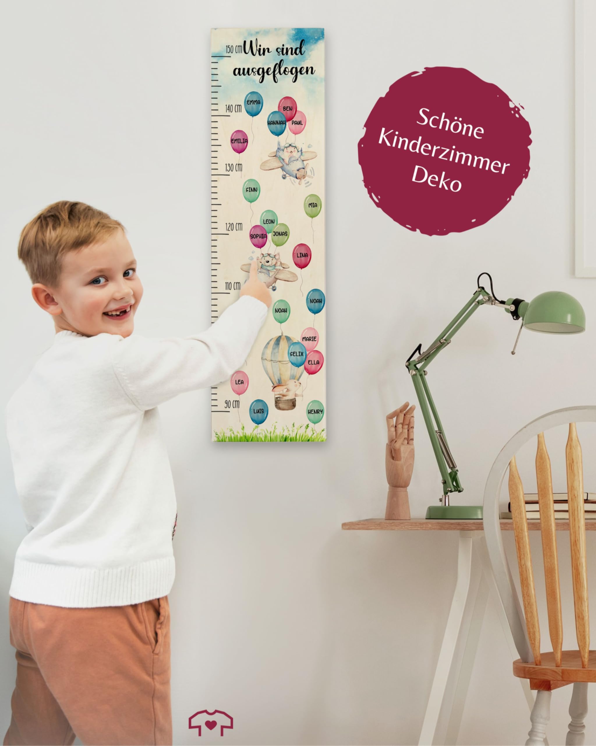 Messlatte Kind Holz - Kindergarten Abgänger - Holzmesslatte Wir sind ausgeflogen Luftballons mit Namen I Vogelhaus Geschenk Kindergartengruppe Abschiedsgeschenk Kita Vorschulkinder Abschied - 90