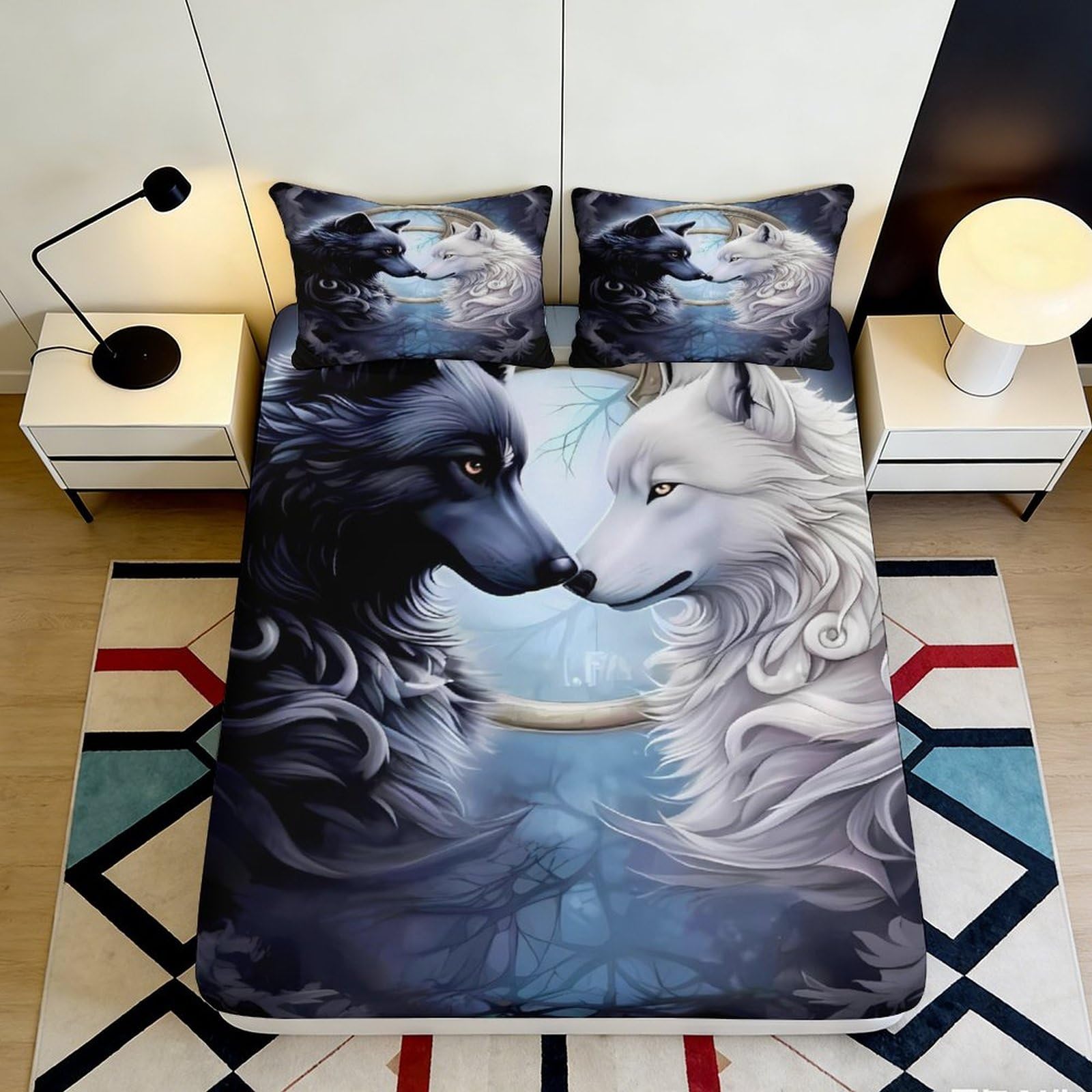 3D Printed Black Wolf Fitted Sheet Microfiber Soft Breathable White Wolf Mattress Cover for Bedroom Dorm Mattress Decor 200x200x25cm