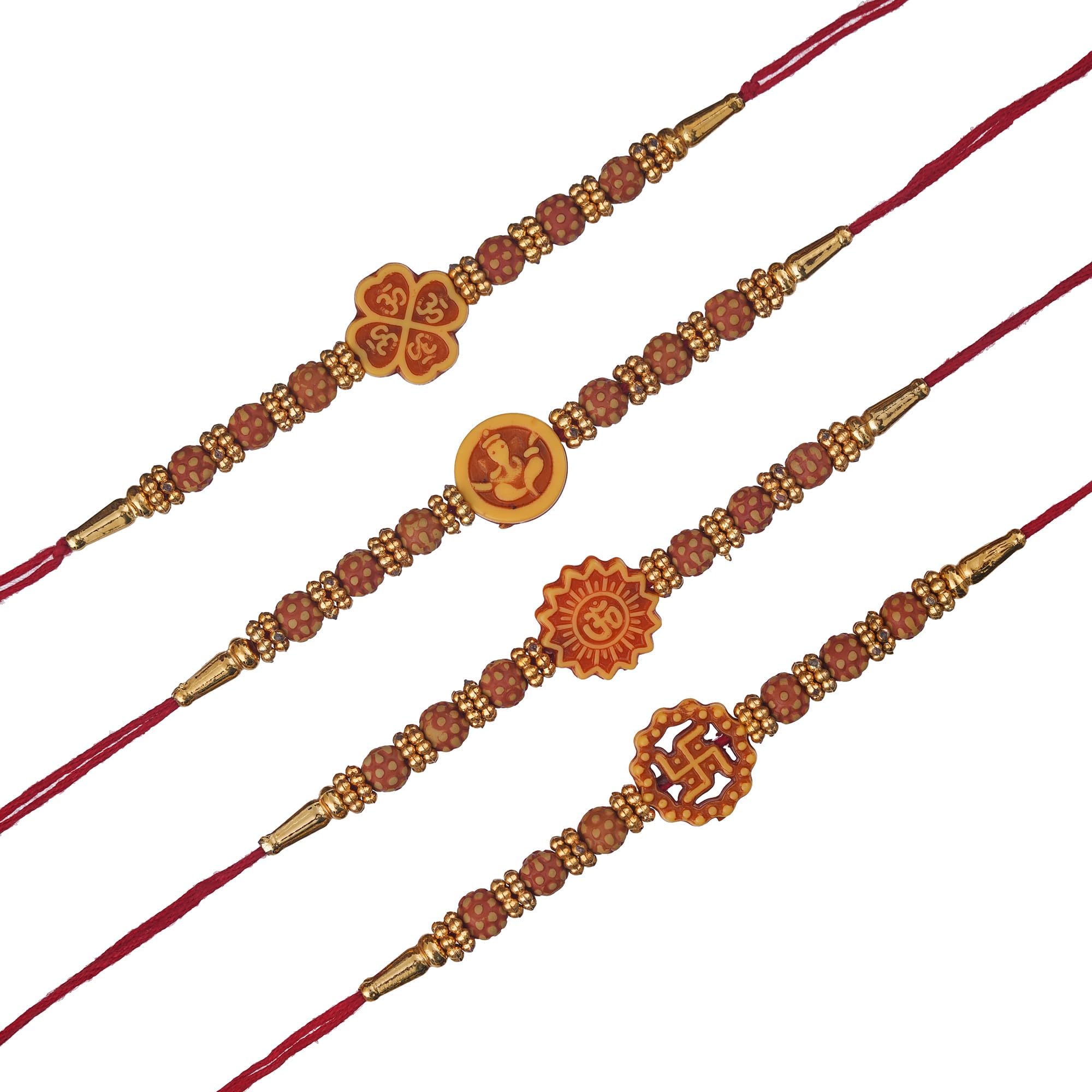 eCraftIndia Set of 4 Brown & Orange Religious Ganesha, Om, Swastika, Rudraksha Rakhis with Roli Chawal Pack and Happy Rakhi Wooden Cutout - Rakhi for Brother, Bhaiya, Bhai (B0CFFT44N2) Amazon Price History, Amazon Price Tracker