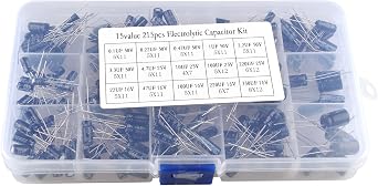 215Pcs 15 Values 0.1uF-330uF Mix Electrolytic Capacitor Assortment Kit with Storage Box