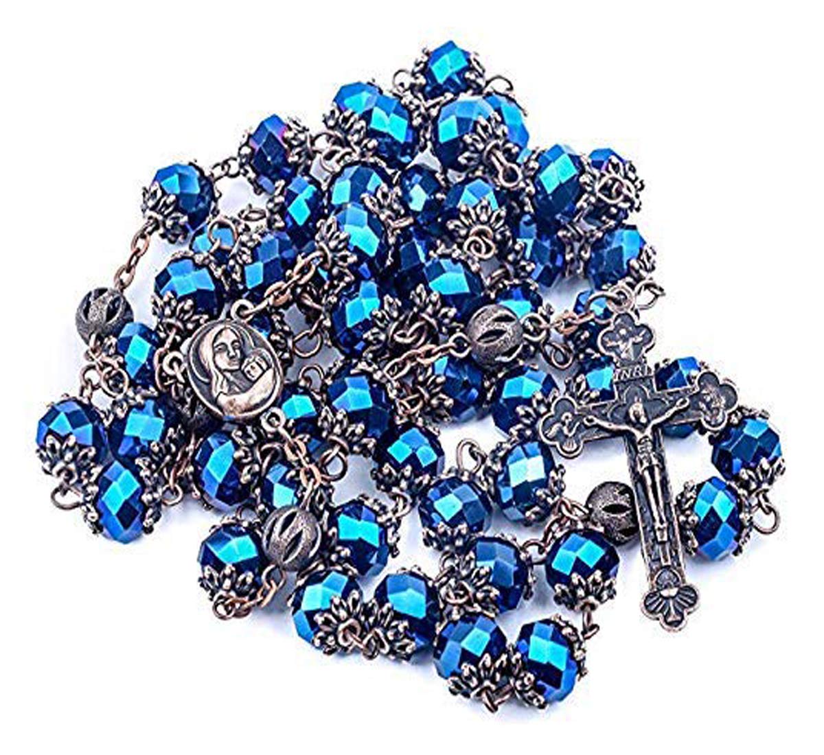 Men’s Deep Blue Crystallized Beads Rosary with Holy Soil Medal and Crucifix Handmade Catholic Prayer Necklace