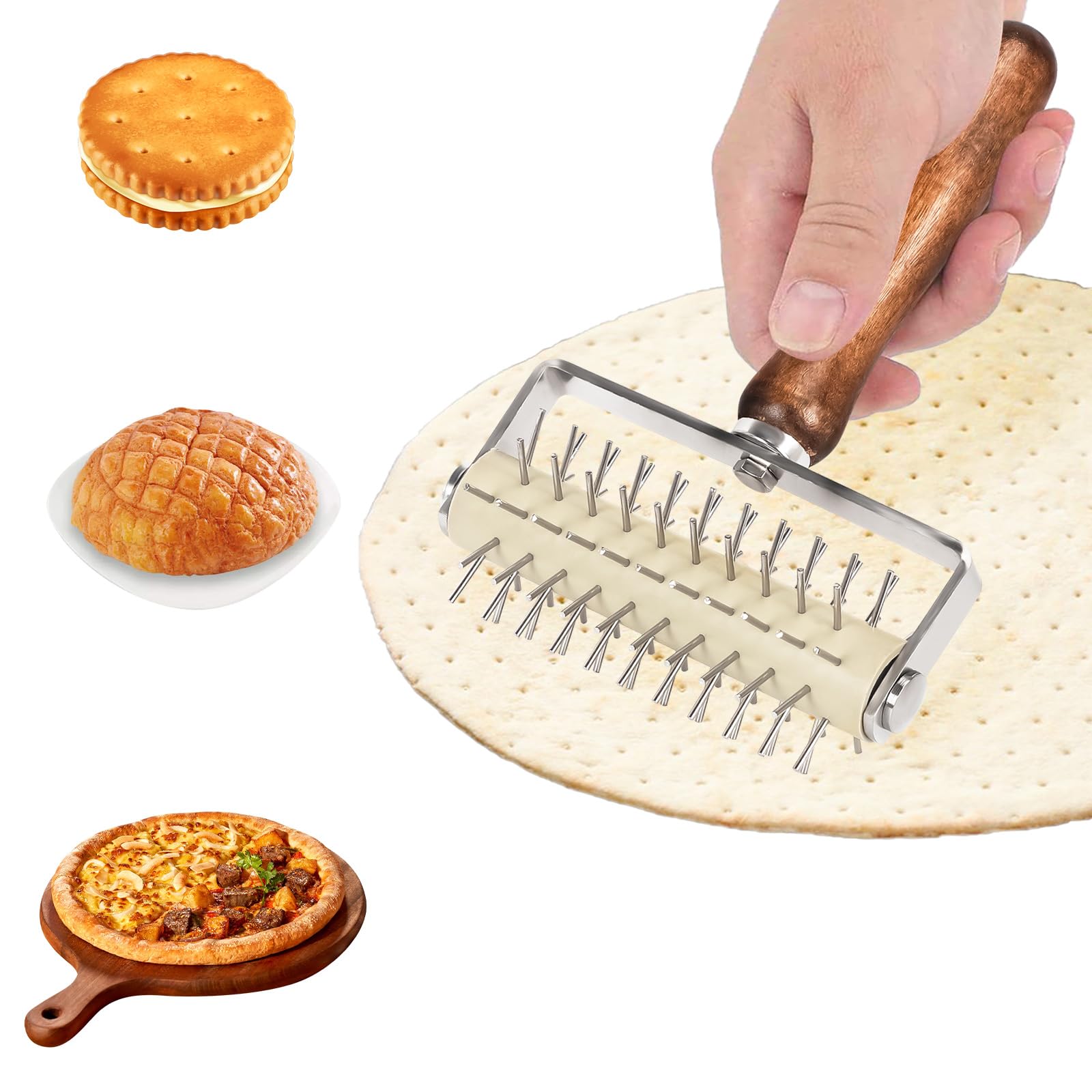 Rullo per Pizza Impasto, Rullo per pizza con punte in Acciaio Enox, Buca Impasto e Pizza, Rullo Bucasfoglia per Pasta, Manico in Legno in Acciaio inox, Domestico Cottura Pasticceria Strumenti
