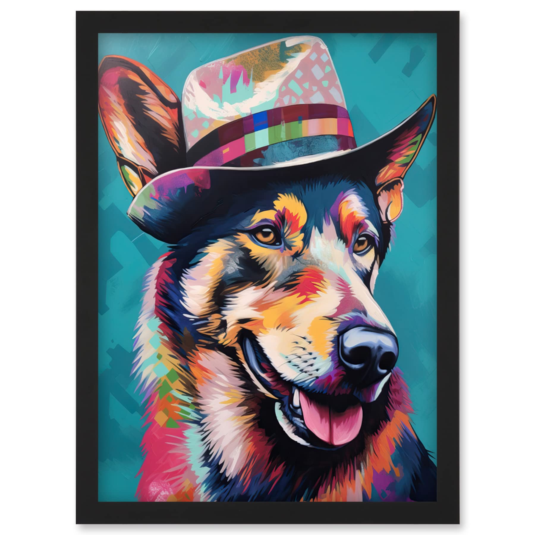 Artery8 German Shepherd with Fedora Hat Vibrant Portrait Artwork Framed Wall Art Print A4