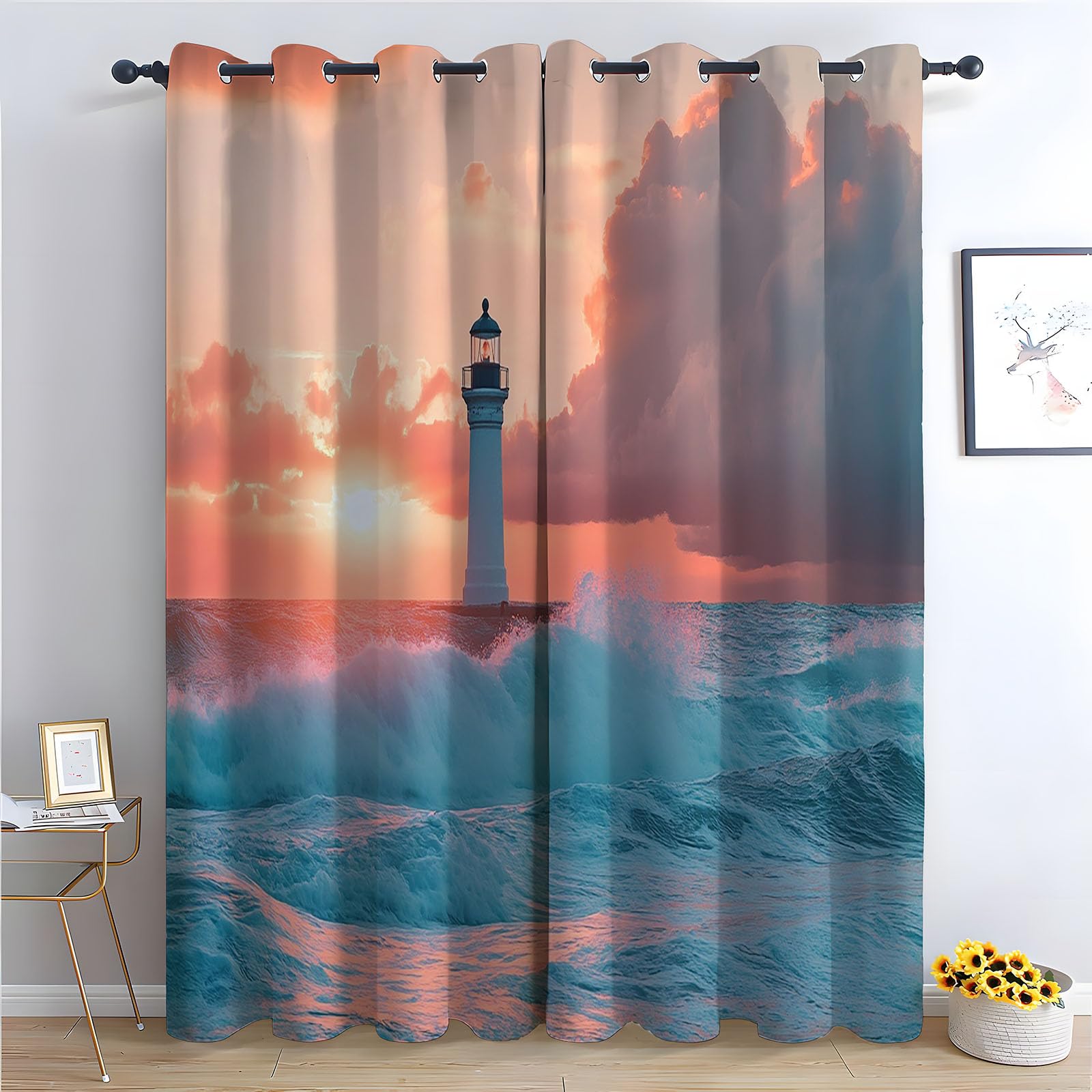 WIKEO Floral Curtains Beach Scenery Sunset - Botanical Pencil Pleated Drapes - for Bedroom Drop Eyelet Curtain, Thermal Insulated Blackout 2 Panels-52 W x 96" L (Pack of 2)