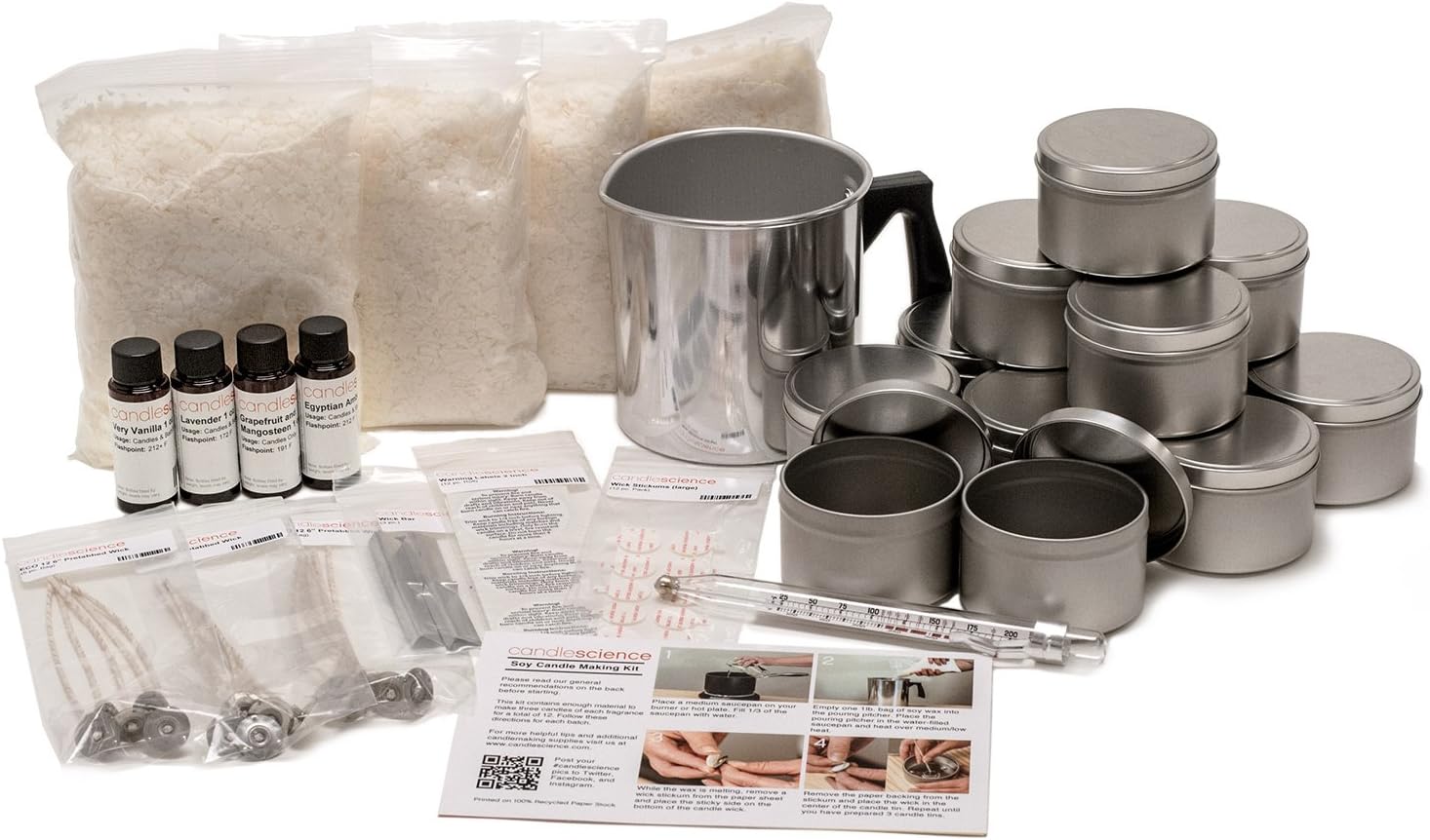 CandleScience Soy Candle Making Starter Kit (Up to 12 Candles) – DIY Kit Contains Soy Wax Pot Wicks and Thermometer – No Experience Necessary