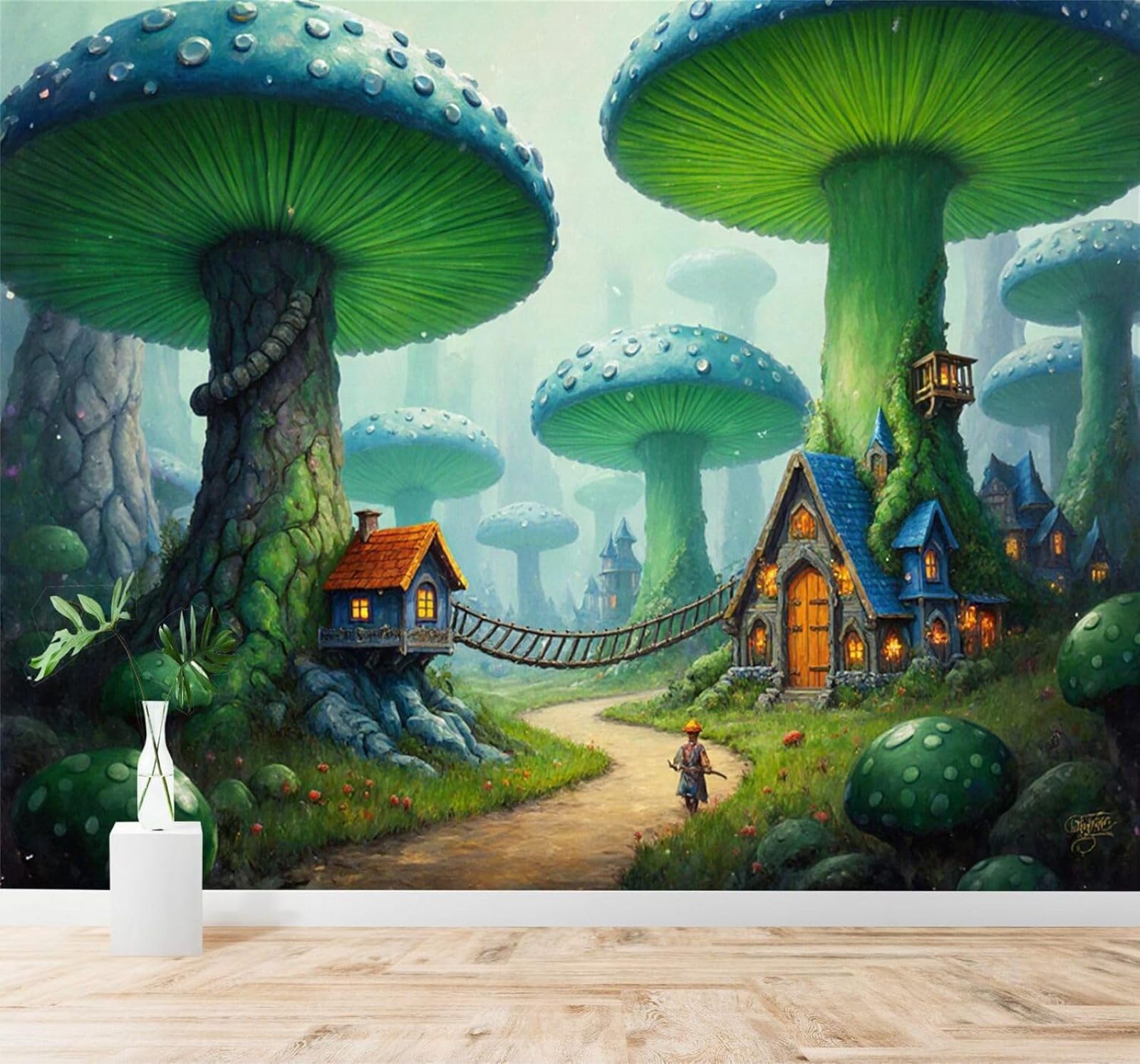 XLMING Enchanted Forest Giant Mushrooms House Mist Path 3D Wallpaper Premium Textured Silk Study Dining Living Room Bedroom Sofa TV Wall Easy Install-350cm×256cm