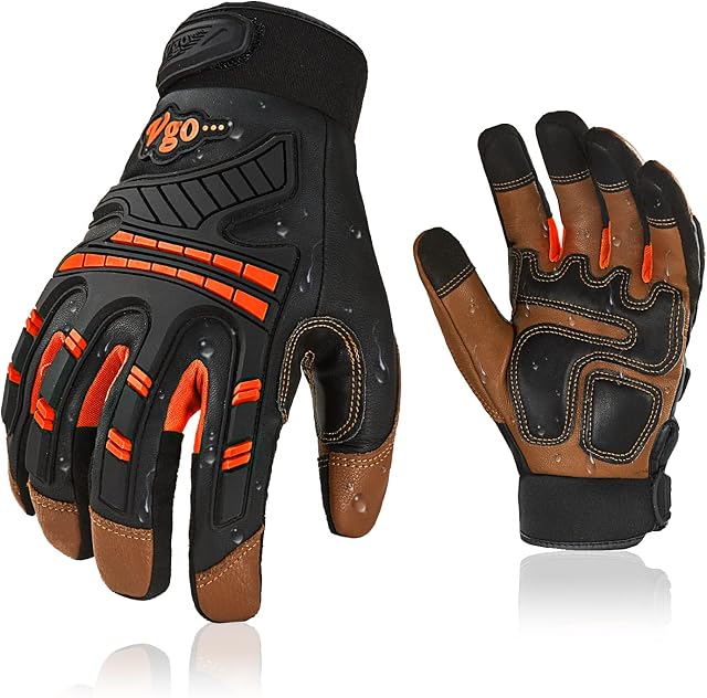 Vgo Haute Dextérité Chèvre en cuir Gants de travail mécanique lourd de service, Gants plus grands, Anti-Vibration, Touchscreen (GA8954)