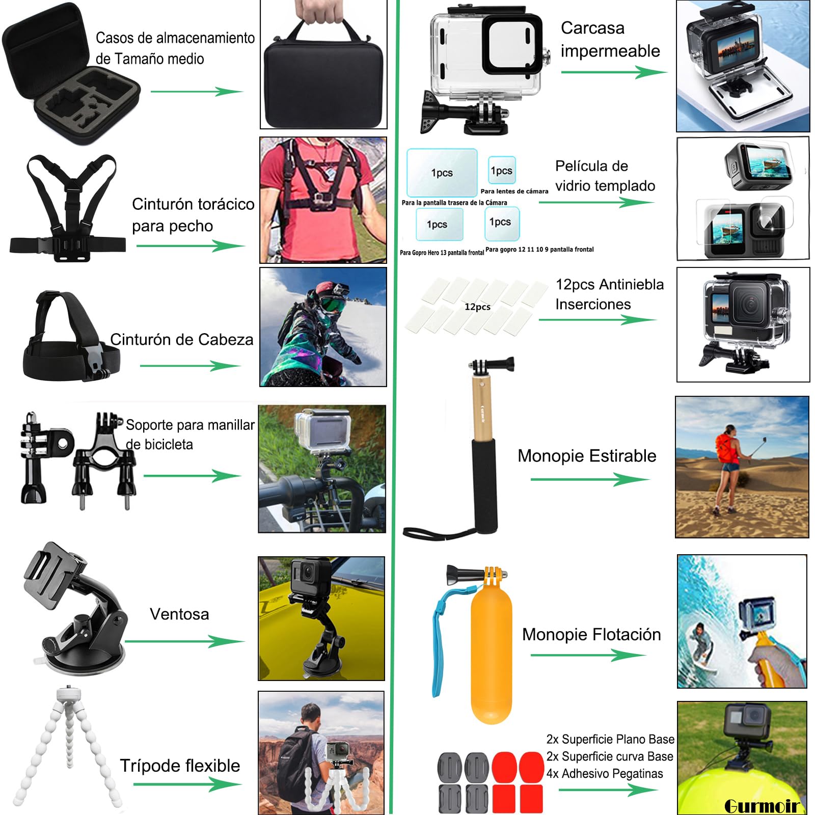 Kit de Accesorios para GoPro Hero 13/12 /11/10 /9 Black, con Funda Impermeable Compatible con la Cámara Go Pro 13 12 11 10 9(PT10)