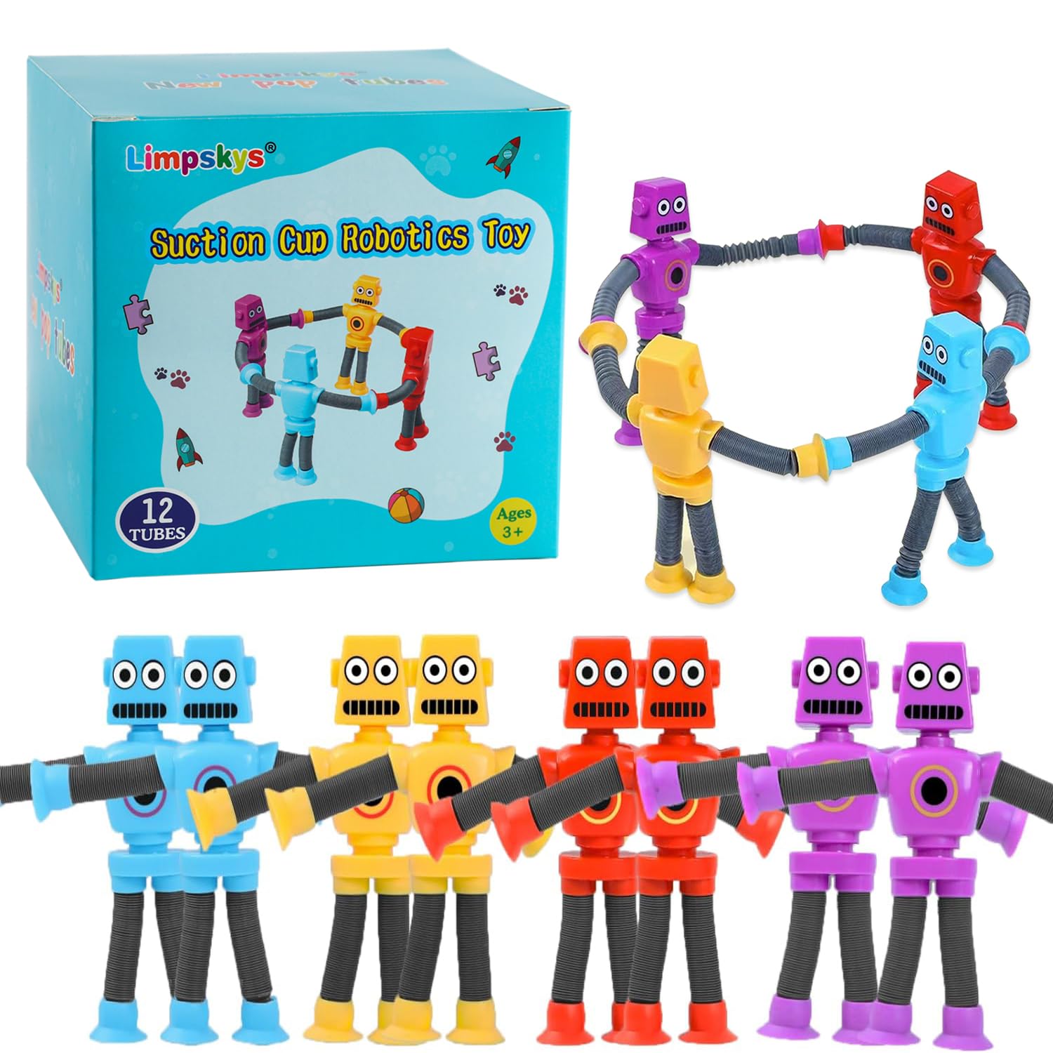 Limpskys Suction Cup Robot Toy for Kids 3-5 5-7, Autism Sensory Products,Toys for Ages 5-7,Sensory Toys for Kids with Autism (12 Pack Robot)